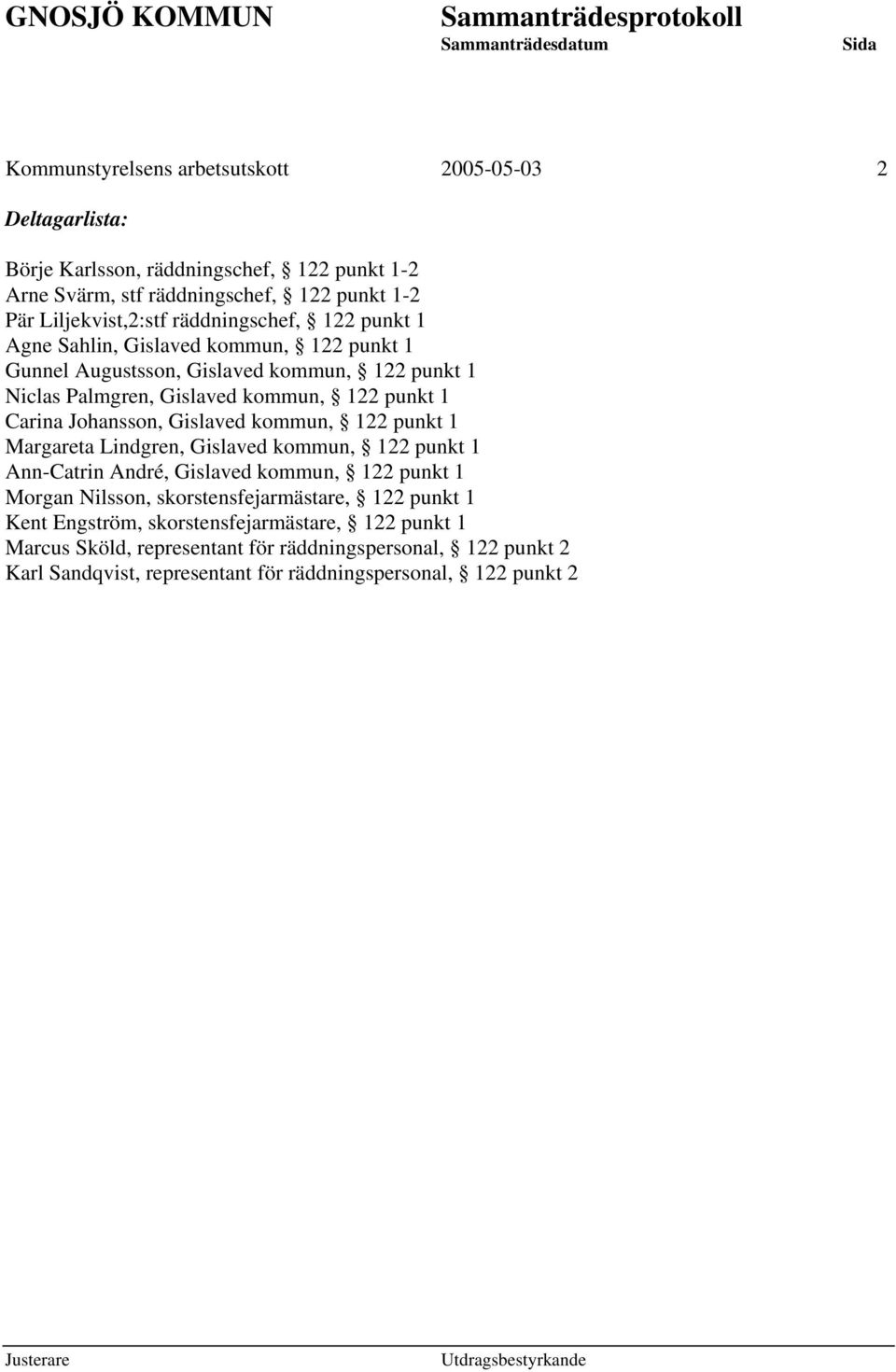 Johansson, Gislaved kommun, 122 punkt 1 Margareta Lindgren, Gislaved kommun, 122 punkt 1 Ann-Catrin André, Gislaved kommun, 122 punkt 1 Morgan Nilsson, skorstensfejarmästare,