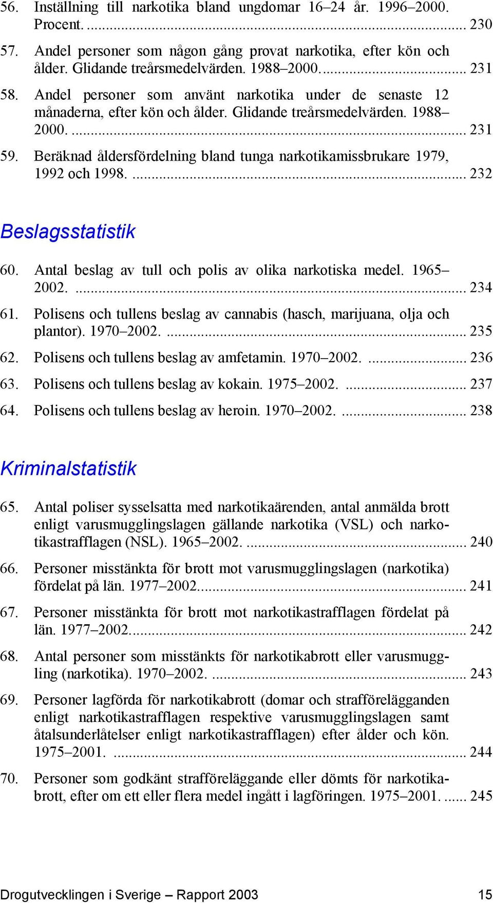 Beräknad åldersfördelning bland tunga narkotikamissbrukare 1979, 1992 och 1998.... 232 Beslagsstatistik 60. Antal beslag av tull och polis av olika narkotiska medel. 1965 2002.... 234 61.
