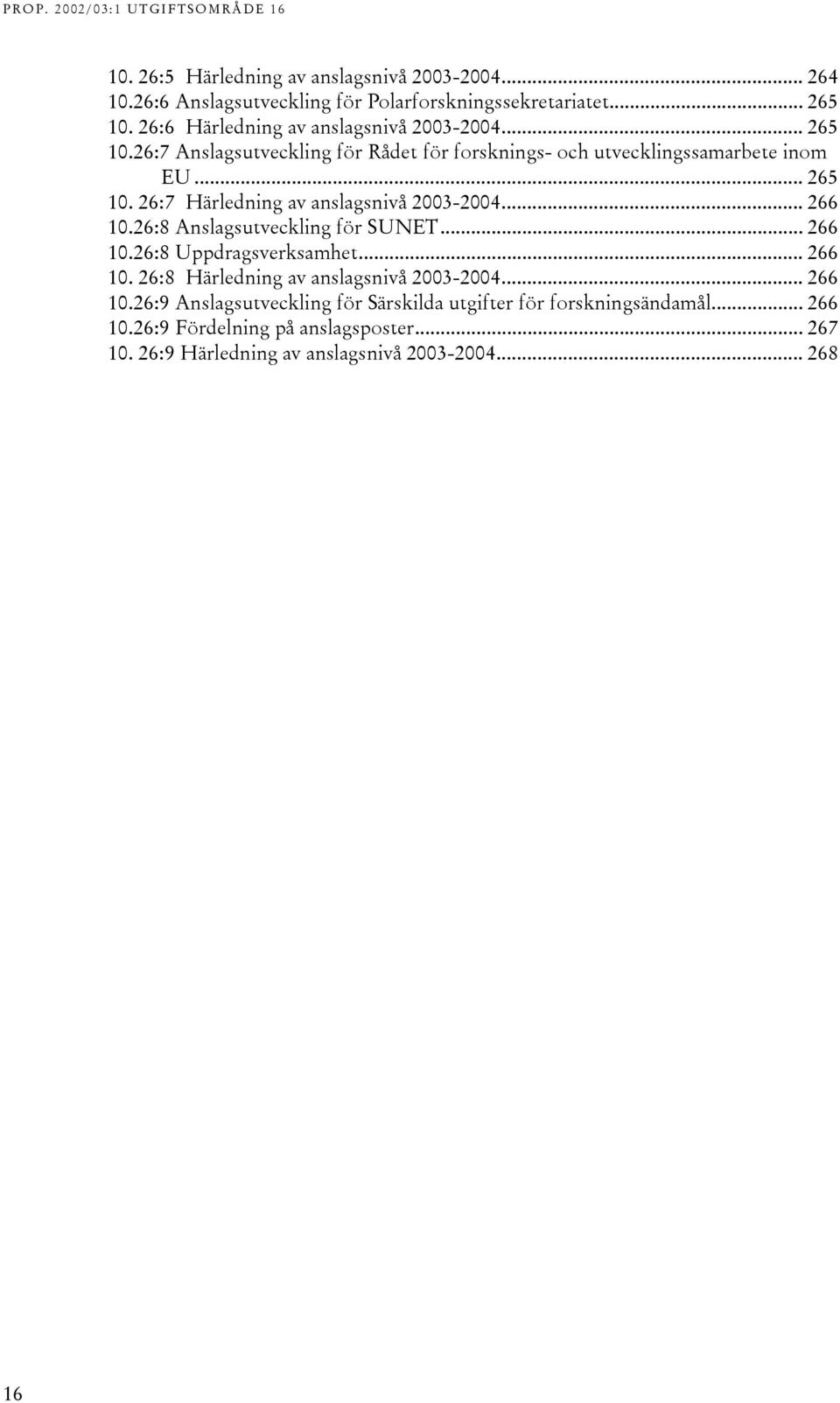 .. 266 0.26:8 Anslagsutveckling för SUNET... 266 0.26:8 Uppdragsverksamhet... 266 0. 26:8 Härledning av anslagsnivå 2003-2004... 266 0.26:9 Anslagsutveckling för Särskilda utgifter för forskningsändamål.