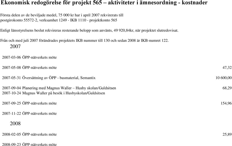 Från och med juli 2007 förändrades projektets IKB nummer till 130 och sedan 2008 är IKB-numret 122.