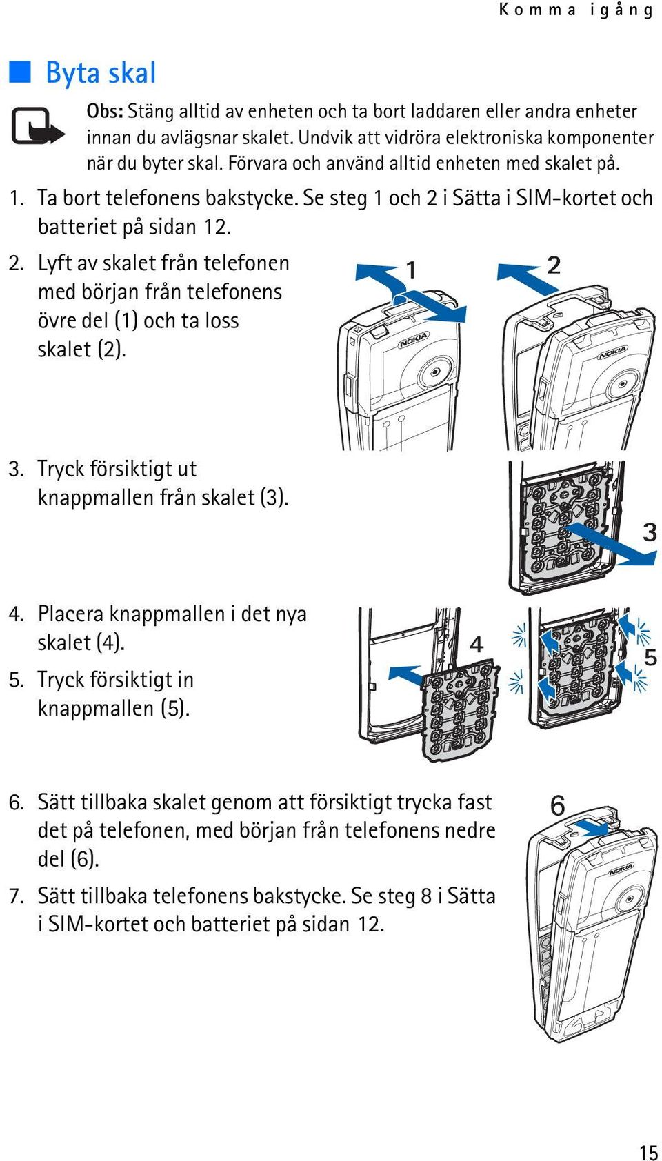 3. Tryck försiktigt ut knappmallen från skalet (3). 4. Placera knappmallen i det nya skalet (4). 5. Tryck försiktigt in knappmallen (5). 6.