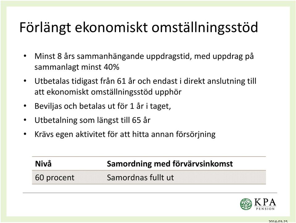 omställningsstöd upphör Beviljas och betalas ut för 1 år i taget, Utbetalning som längst till 65 år Krävs