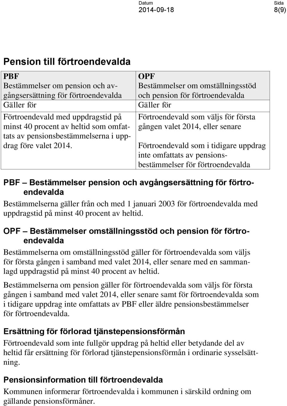 OPF Bestämmelser om omställningsstöd och pension för förtroendevalda Gäller för Förtroendevald som väljs för första gången valet 2014, eller senare Förtroendevald som i tidigare uppdrag inte