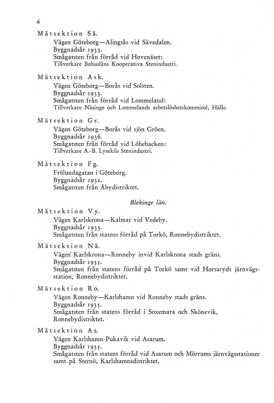 Smågat från förråd vid Löhebacken: Tillverkare A.-B. Lysekils Stenindustri. Mätsektion Fg. Frölundagatan i Göteborg. Byggnadsår 1932. Smågat från Åbydistriktet. Mätsektion Vy. Blekinge län.