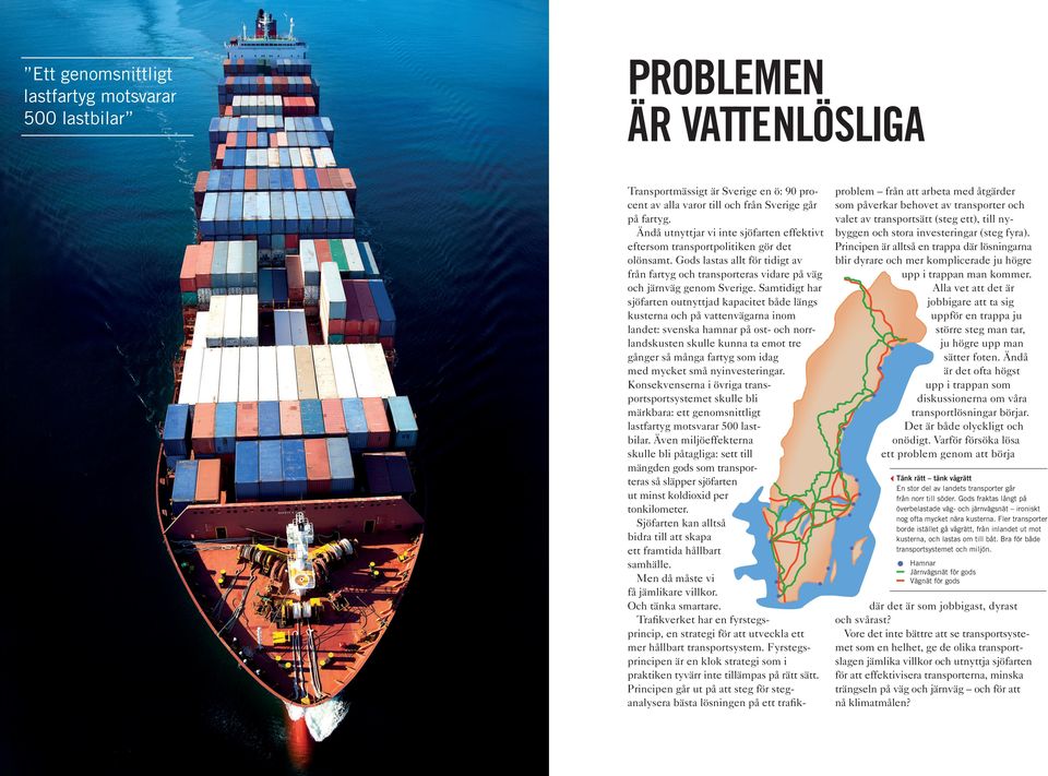 Samtidigt har sjöfarten outnyttjad kapacitet både längs kusterna och på vattenvägarna inom landet: svenska hamnar på ost- och norrlandskusten skulle kunna ta emot tre gånger så många fartyg som idag
