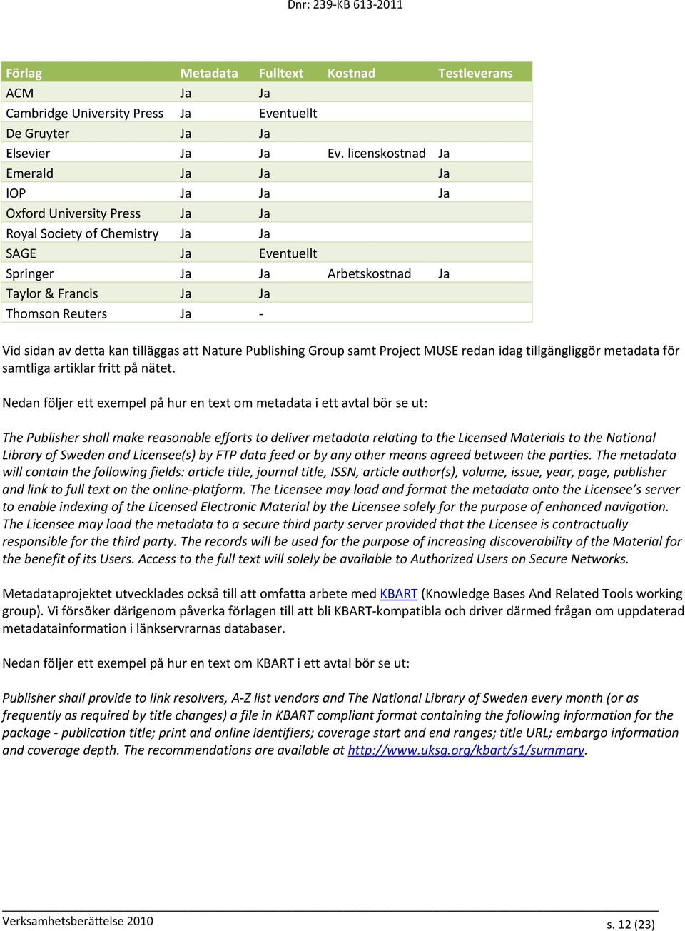 Ja Vid sidan av detta kan tilläggas att Nature Publishing Group samt Project MUSE redan idag tillgängliggör metadata för samtliga artiklar fritt på nätet.