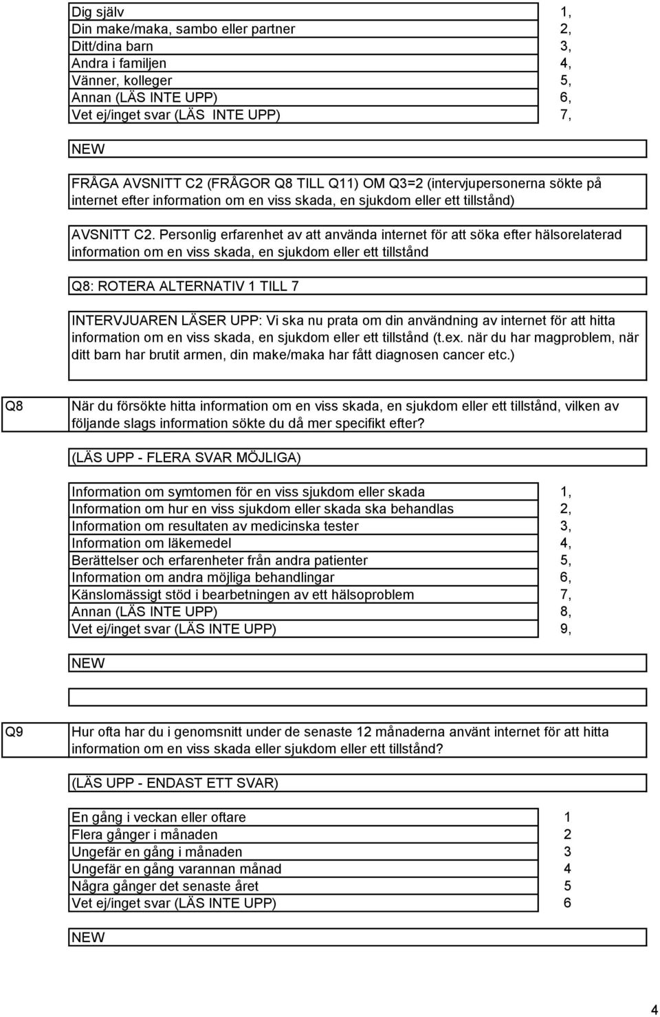 Personlig erfarenhet av att använda internet för att söka efter hälsorelaterad information om en viss skada, en sjukdom eller ett tillstånd Q8: ROTERA ALTERNATIV TILL 7 INTERVJUAREN LÄSER UPP: Vi ska