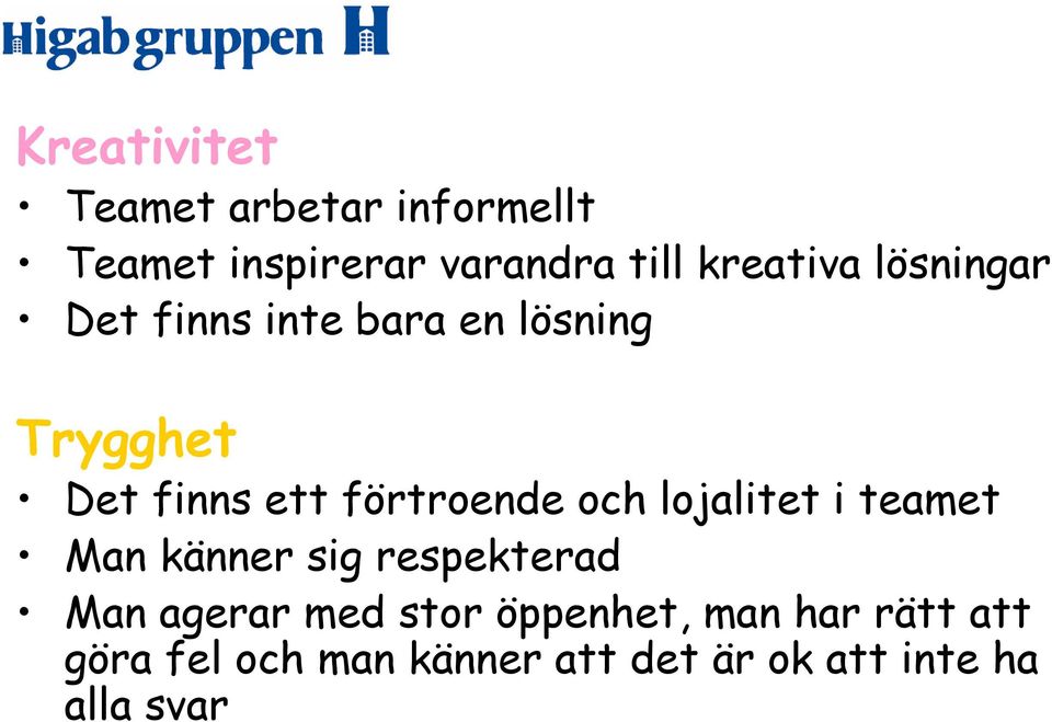 förtroende och lojalitet i teamet Man känner sig respekterad Man agerar med