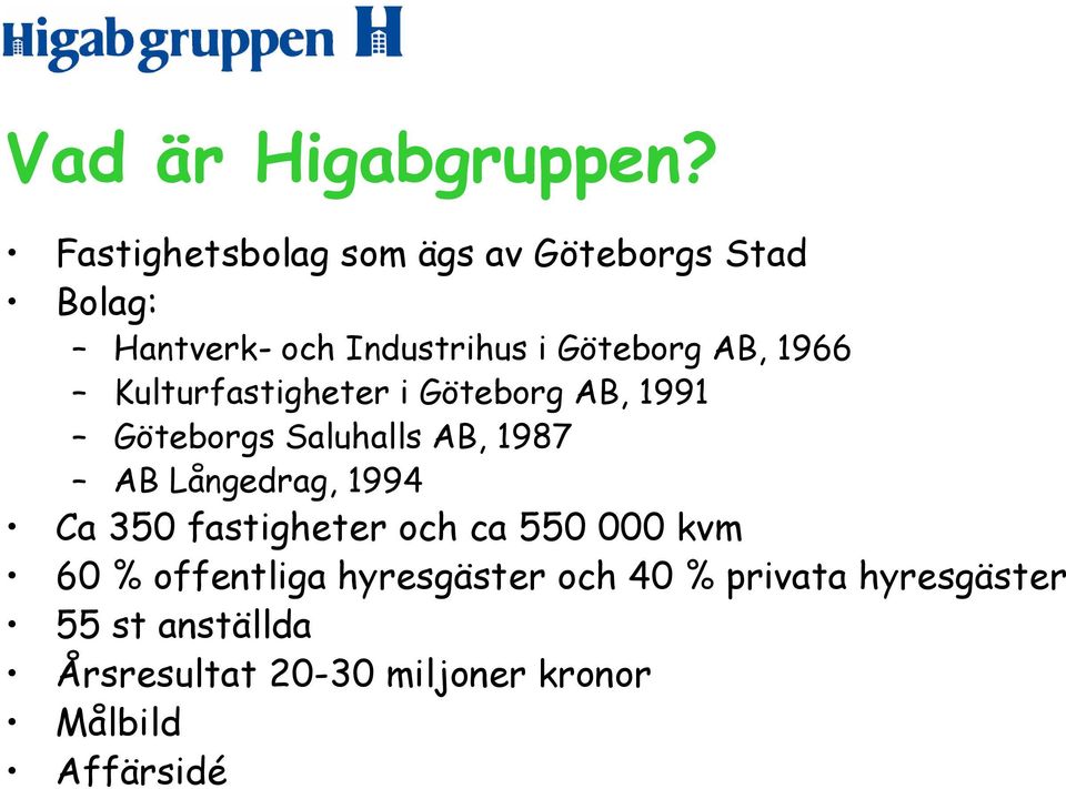 1966 Kulturfastigheter i Göteborg AB, 1991 Göteborgs Saluhalls AB, 1987 AB Långedrag, 1994