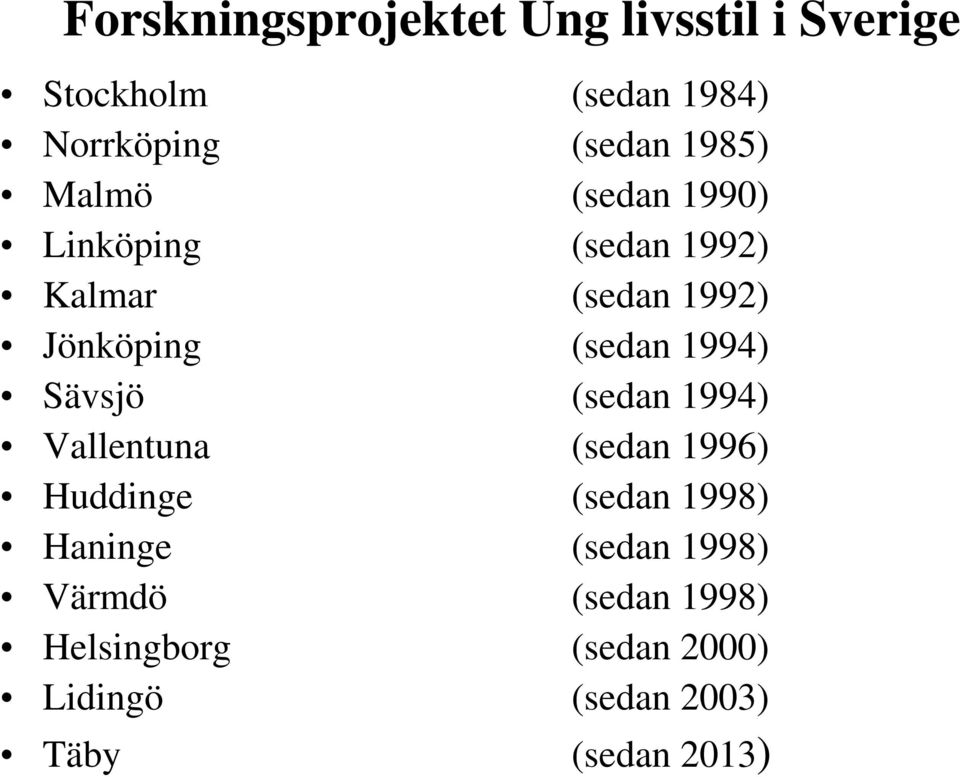 1994) Sävsjö (sedan 1994) Vallentuna (sedan 1996) Huddinge (sedan 1998) Haninge (sedan