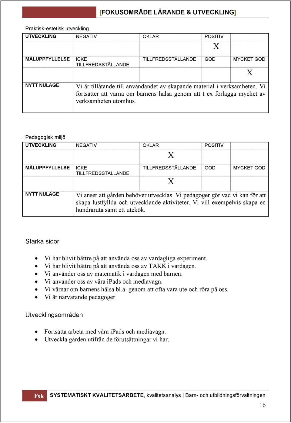 Pedagogisk miljö UTVECKLING NEGATIV OKLAR POSITIV MÅLUPPFYLLELSE ICKE TILLFREDSSTÄLLANDE TILLFREDSSTÄLLANDE GOD MYCKET GOD NYTT NULÄGE Vi anser att gården behöver utvecklas.