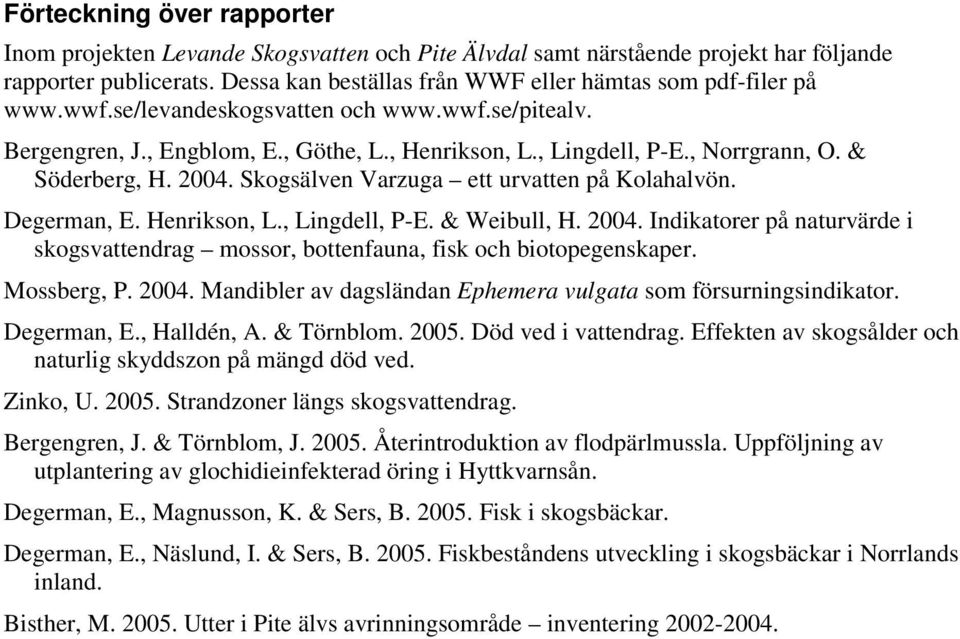 & Söderberg, H. 2004. Skogsälven Varzuga ett urvatten på Kolahalvön. Degerman, E. Henrikson, L., Lingdell, P-E. & Weibull, H. 2004. Indikatorer på naturvärde i skogsvattendrag mossor, bottenfauna, fisk och biotopegenskaper.