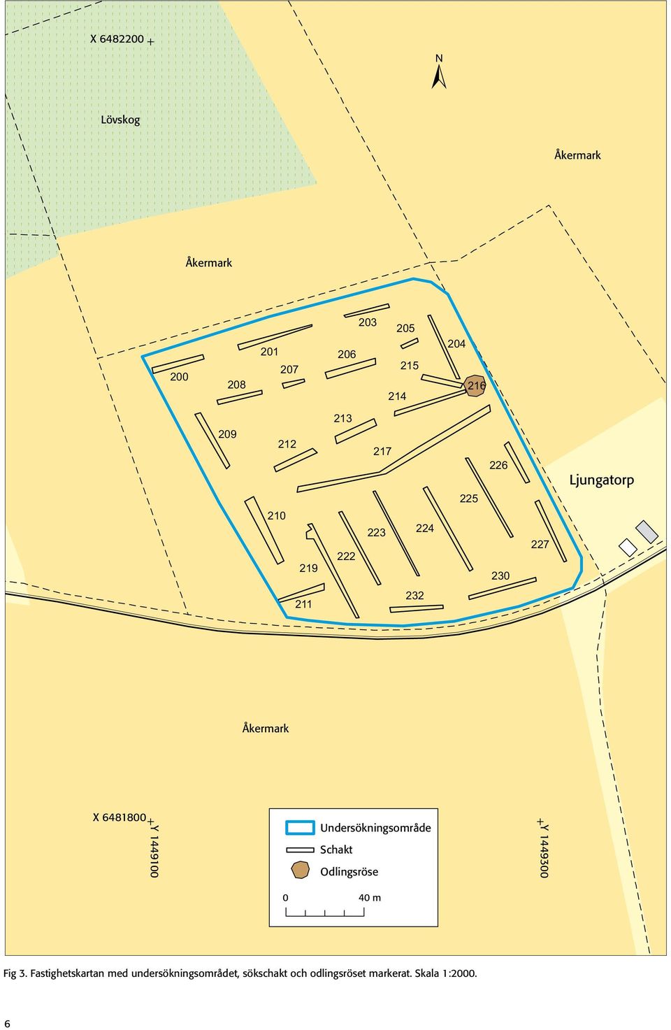 6481800 Y 1449100 Undersökningsområde Schakt Odlingsröse Y 1449300 0 40 m Fig 3.