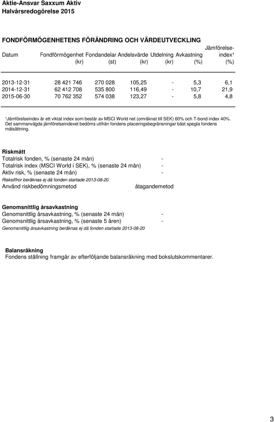 och T-bond index 40%. Det sammanvägda jämförelseindexet bedöms utifrån fondens placeringsbegränsningar bäst spegla fondens målsättning.