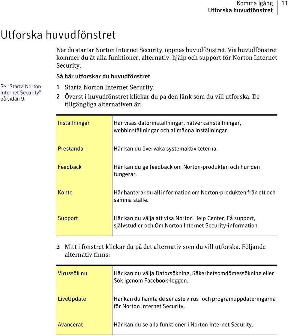 1 Starta Norton Internet Security. 2 Överst i huvudfönstret klickar du på den länk som du vill utforska.