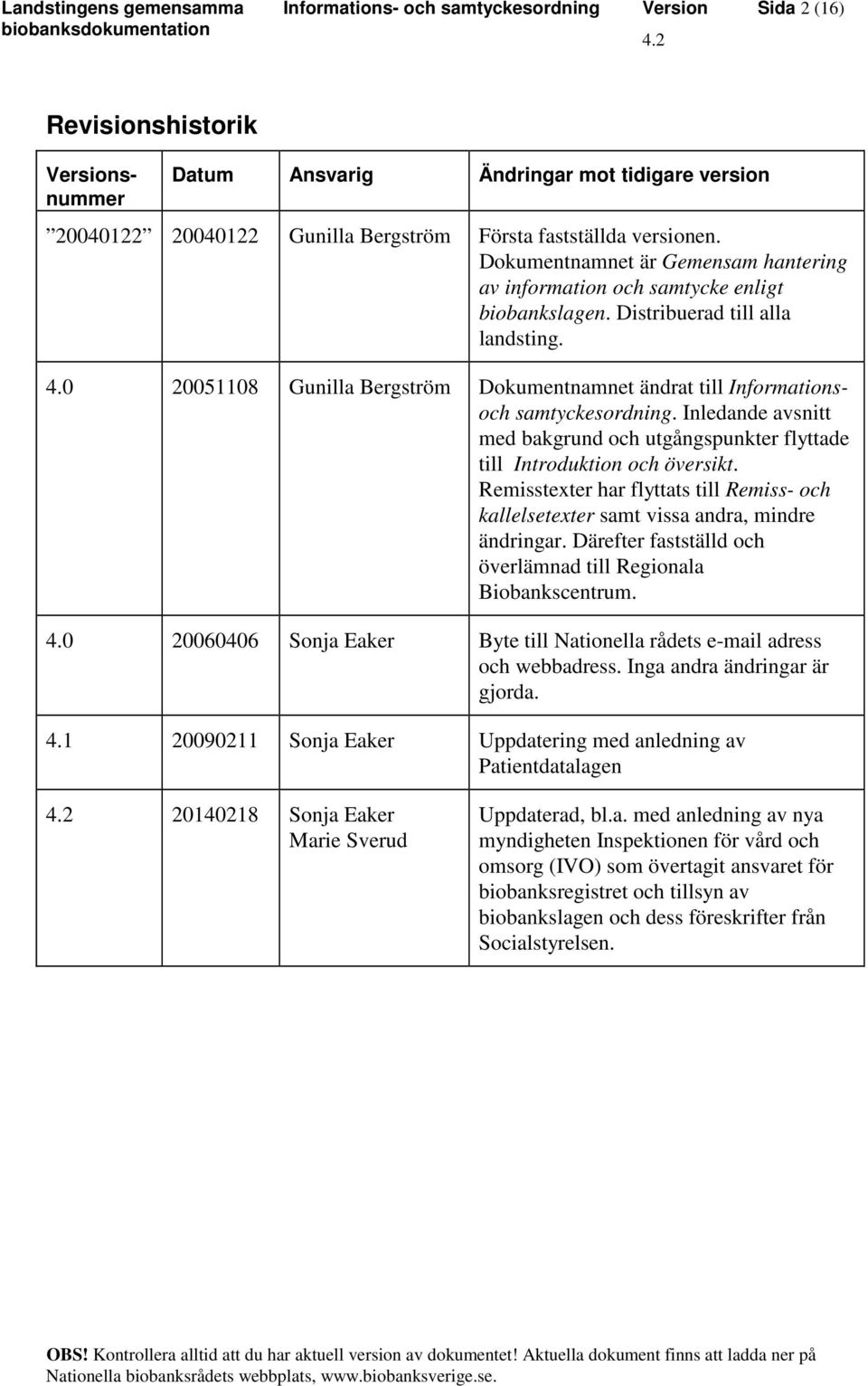 0 20051108 Gunilla Bergström Dokumentnamnet ändrat till Informationsoch samtyckesordning. Inledande avsnitt med bakgrund och utgångspunkter flyttade till Introduktion och översikt.