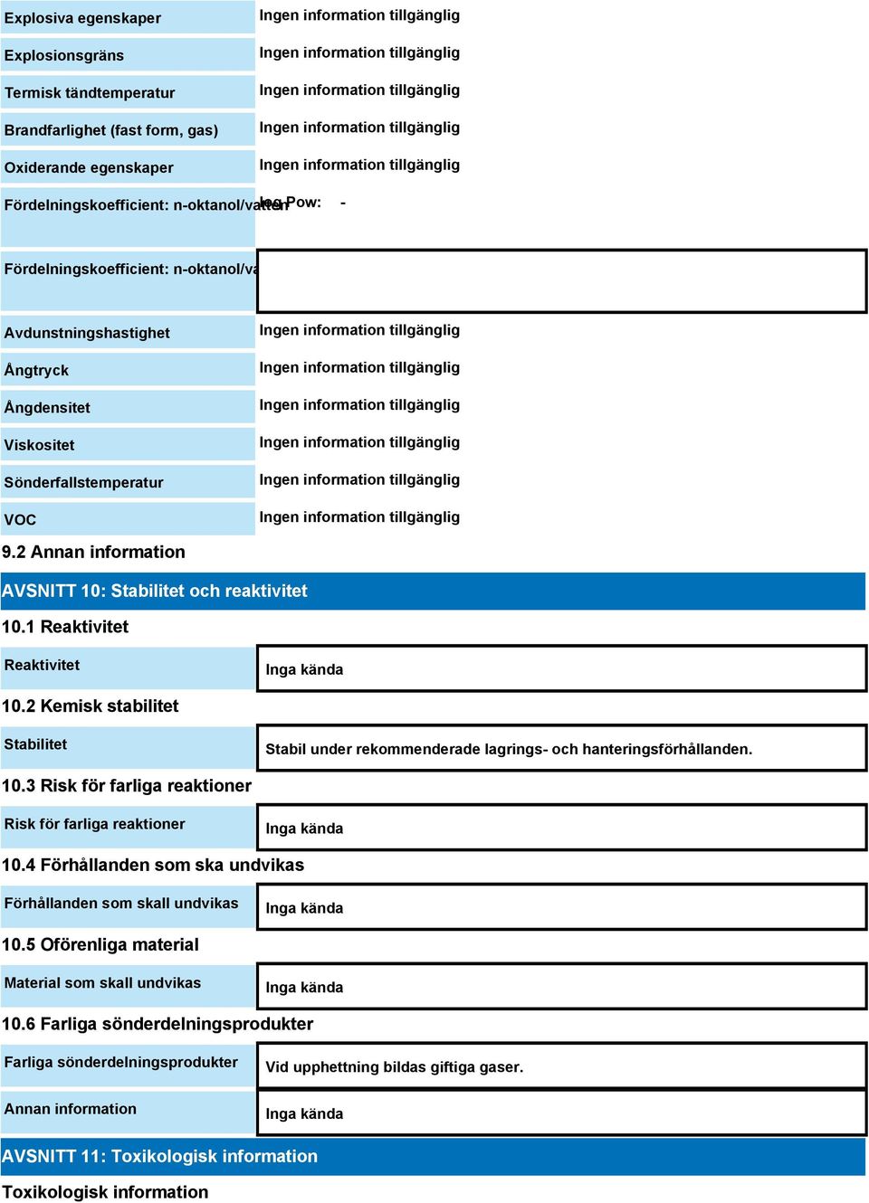 1 Reaktivitet Reaktivitet Inga kända 10.2 Kemisk stabilitet Stabilitet Stabil under rekommenderade lagrings- och hanteringsförhållanden. 10.3 Risk för farliga reaktioner Risk för farliga reaktioner Inga kända 10.