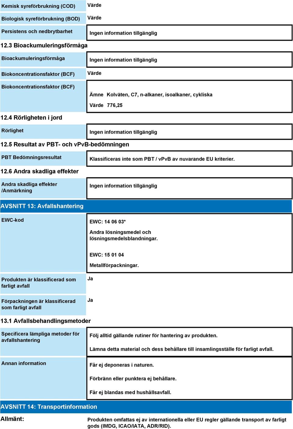 4 Rörligheten i jord Rörlighet 12.5 Resultat av PBT- och vpvb-bedömningen PBT Bedömningsresultat Klassificeras inte som PBT / vpvb av nuvarande EU kriterier. 12.6 Andra skadliga effekter Andra skadliga effekter /Anmärkning AVSNITT 13: Avfallshantering EWC-kod EWC: 14 06 03* Andra lösningsmedel och lösningsmedelsblandningar.