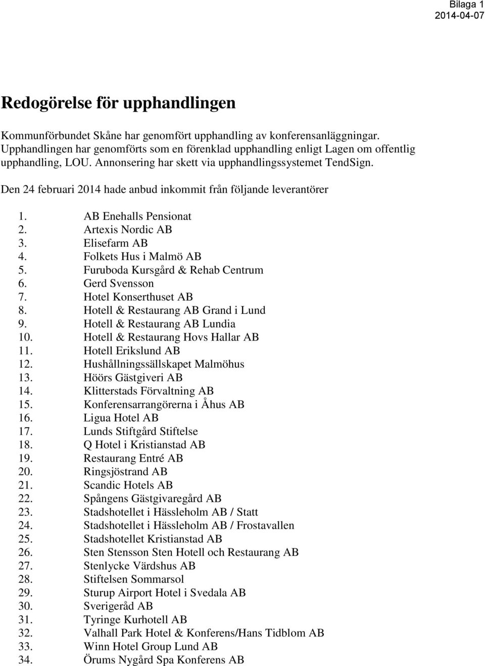 Den 24 februari 2014 hade anbud inkommit från följande leverantörer 1. AB Enehalls Pensionat 2. Artexis Nordic AB 3. Elisefarm AB 4. Folkets Hus i Malmö AB 5. Furuboda Kursgård & Rehab Centrum 6.