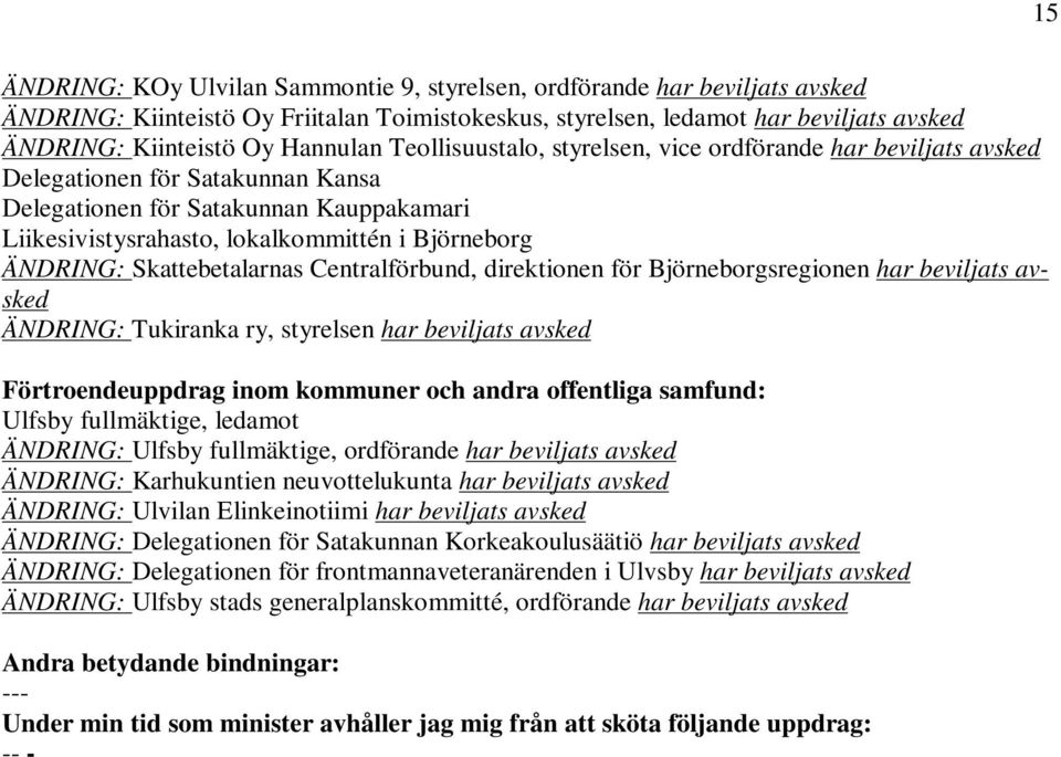ÄNDRING: Skattebetalarnas Centralförbund, direktionen för Björneborgsregionen har beviljats avsked ÄNDRING: Tukiranka ry, styrelsen har beviljats avsked Ulfsby fullmäktige, ledamot ÄNDRING: Ulfsby