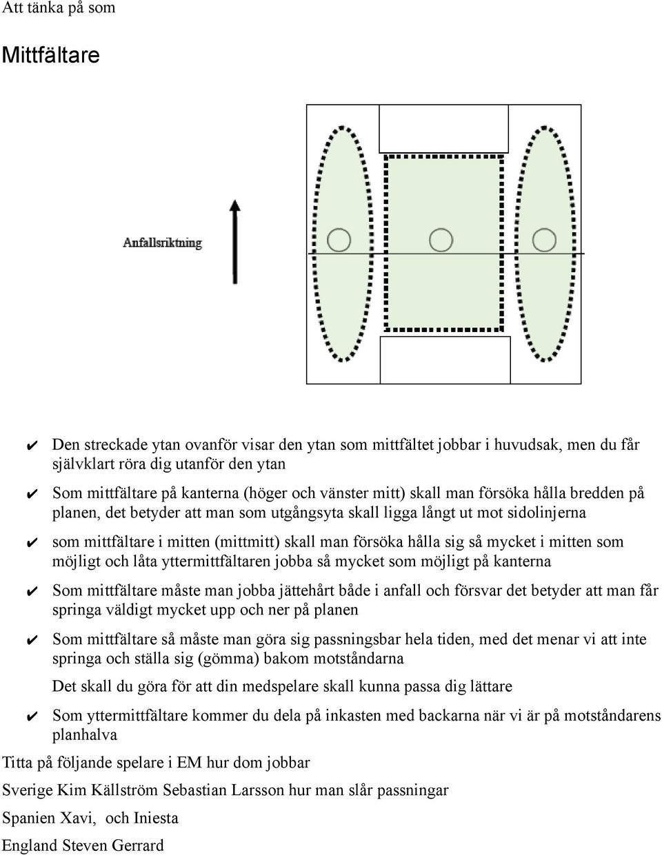 mycket som möjligt på kanterna Som mittfältare måste man jobba jättehårt både i anfall och försvar det betyder att man får springa väldigt mycket upp och ner på planen Som mittfältare så måste man