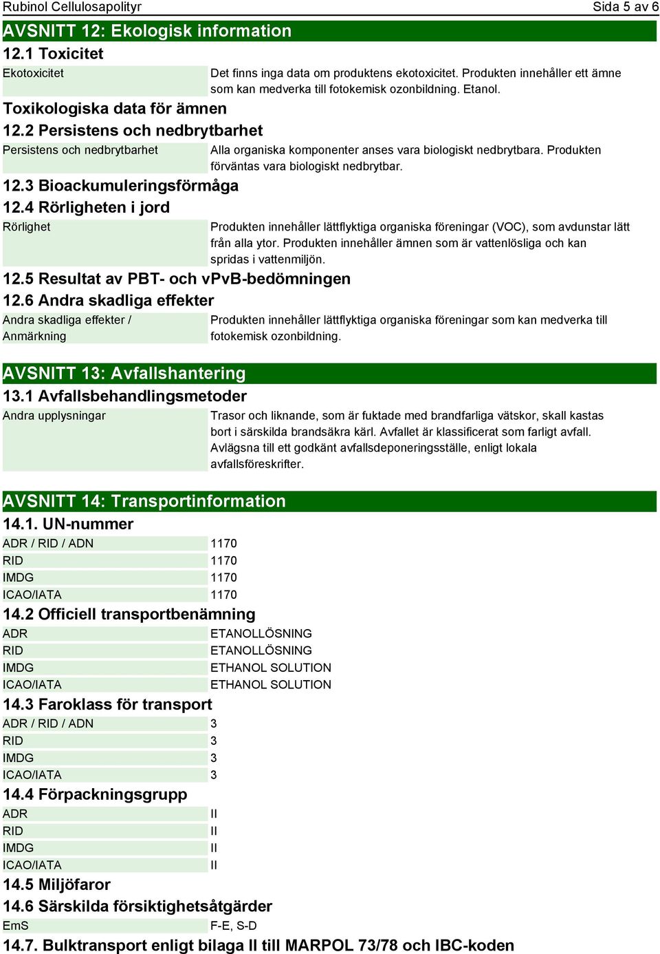 6 Andra skadliga effekter Andra skadliga effekter / Anmärkning AVSNITT 13: Avfallshantering 13.1 Avfallsbehandlingsmetoder Andra upplysningar AVSNITT 14: Transportinformation 14.1. UN-nummer ADR / RID / ADN 1170 RID 1170 IMDG 1170 ICAO/IATA 1170 14.