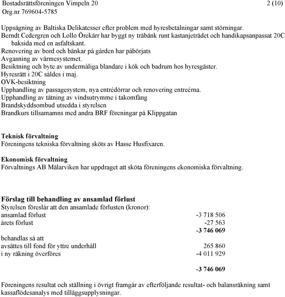 Renovering av bord och bänkar på gården har påbörjats Avgasning av värmesystemet. Besiktning och byte av undermåliga blandare i kök och badrum hos hyresgäster. Hyresrätt i 20C såldes i maj.