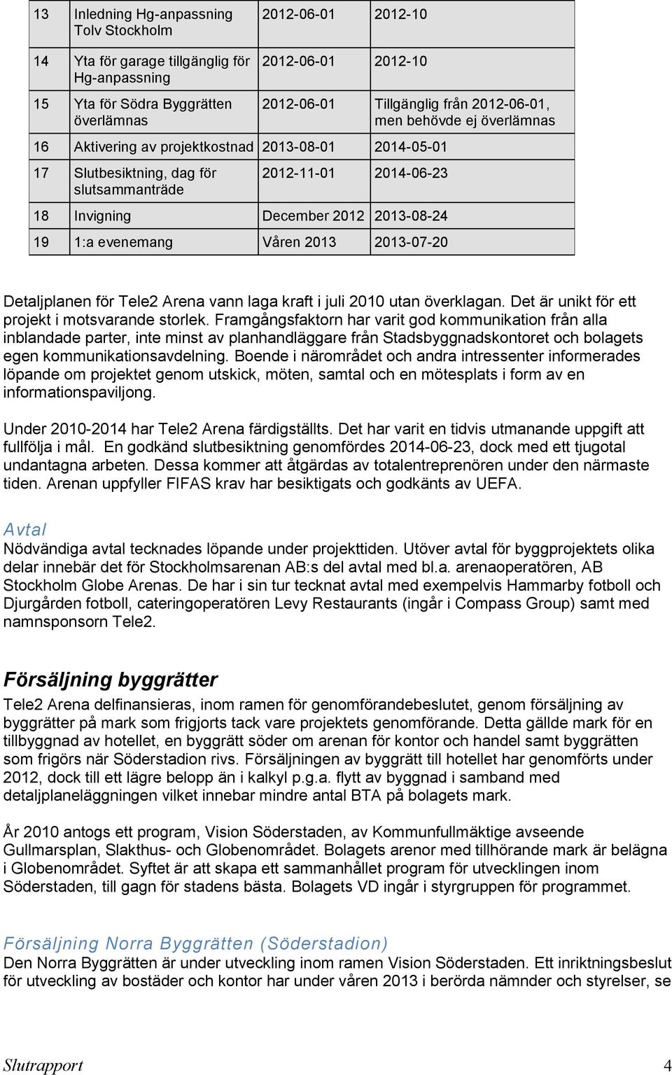 1:a evenemang Våren 2013 2013-07-20 Detaljplanen för Tele2 Arena vann laga kraft i juli 2010 utan överklagan. Det är unikt för ett projekt i motsvarande storlek.