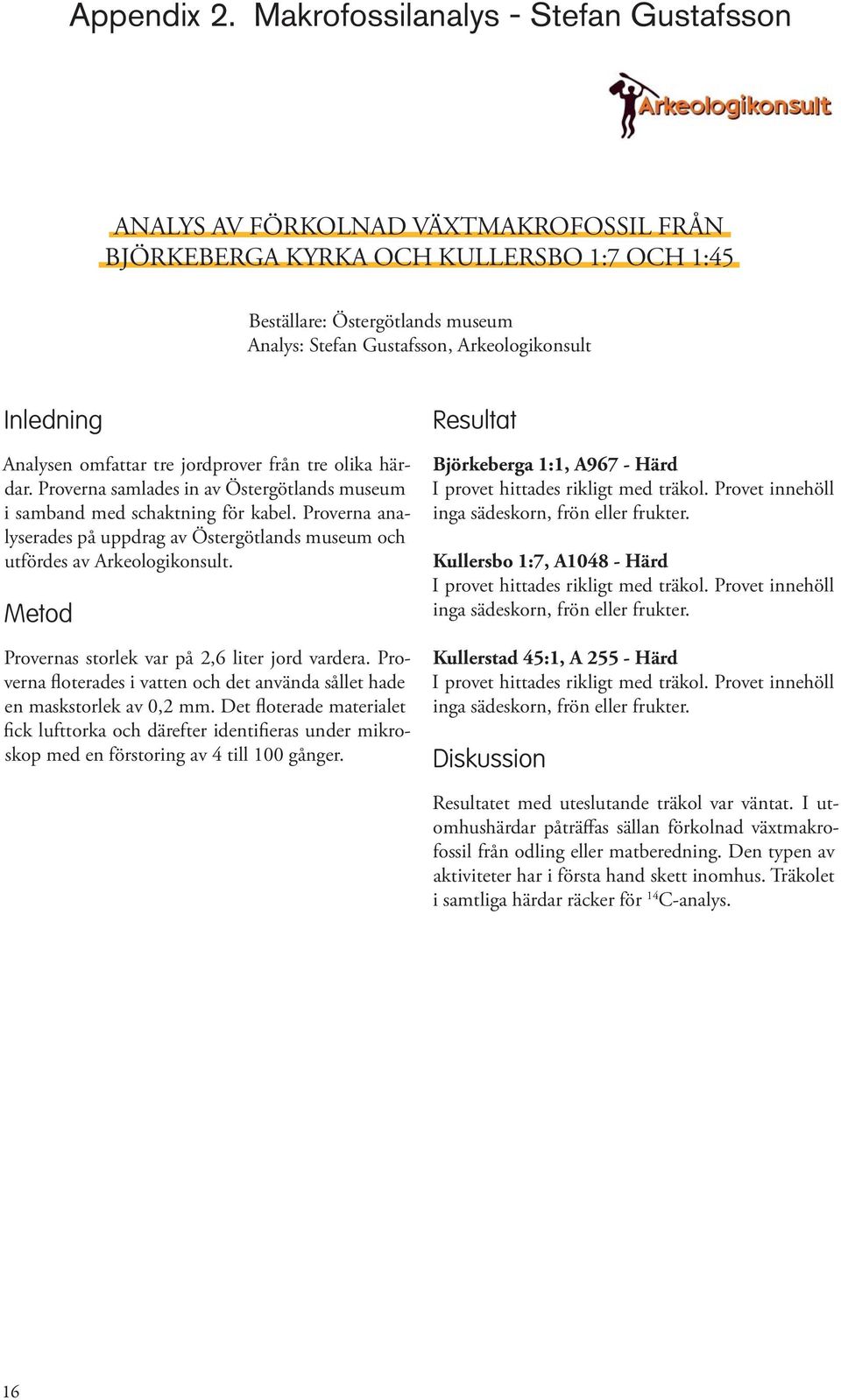 Arkeologikonsult Inledning Analysen omfattar tre jordprover från tre olika härdar. Proverna samlades in av Östergötlands museum i samband med schaktning för kabel.