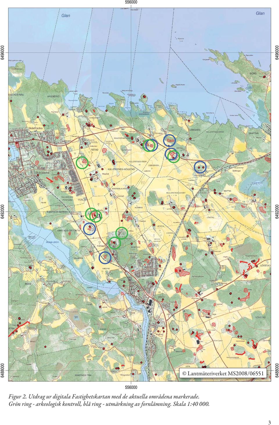 Utdrag ur digitala Fastighetskartan med de aktuella områdena