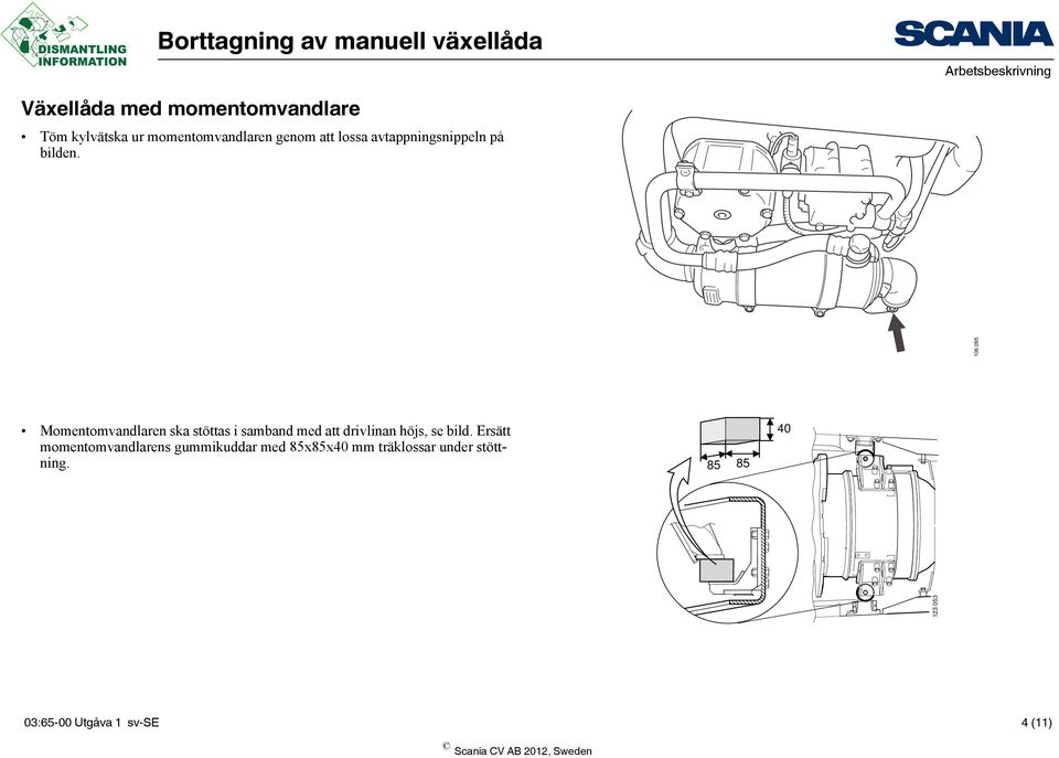 106 095 Momentomvandlaren ska stöttas i samband med att drivlinan höjs, se bild.