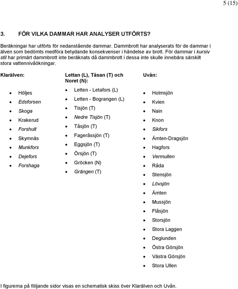 För dammar i kursiv stil har primärt dammbrott inte beräknats då dammbrott i dessa inte skulle innebära särskilt stora vattennivåökningar.