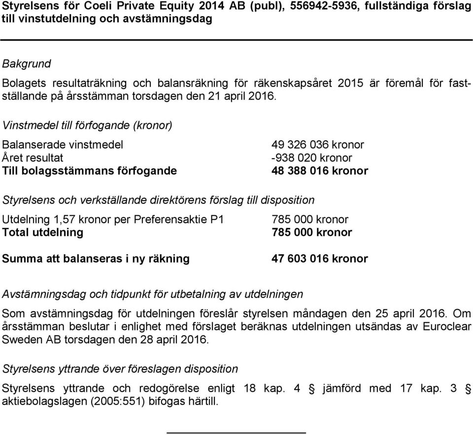 Vinstmedel till förfogande (kronor) Balanserade vinstmedel Året resultat Till bolagsstämmans förfogande 49 326 036 kronor -938 020 kronor 48 388 016 kronor Styrelsens och verkställande direktörens