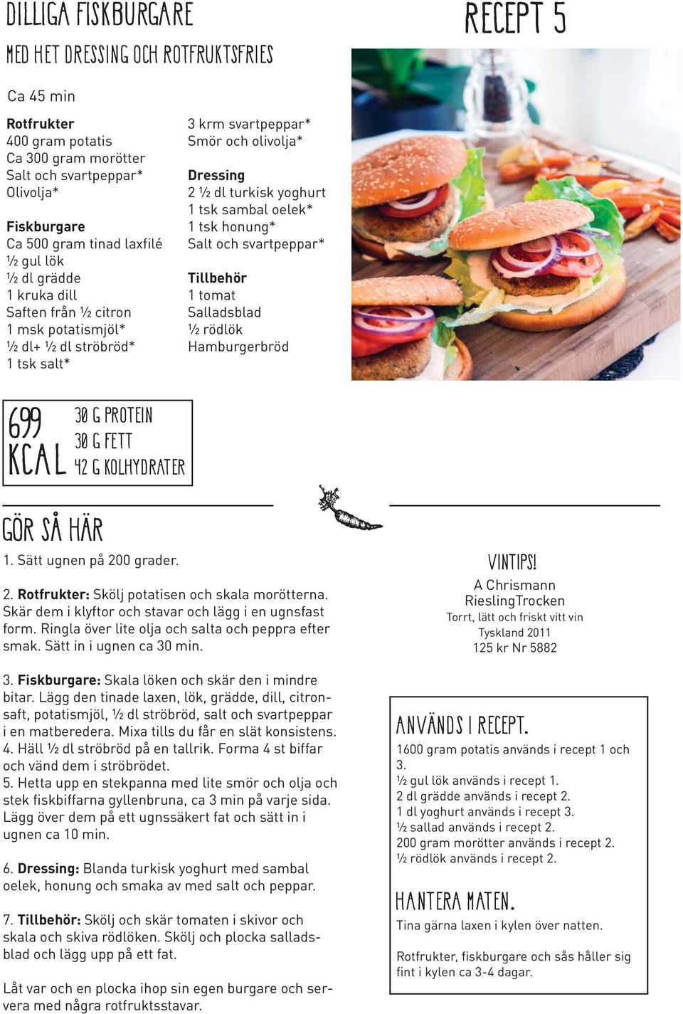 Hamburgerbröd 699 30 G PROTEIN 30 G FETT G KOLHYDRATER 1. Sätt ugnen på 00 grader.. Rotfrukter: Skölj potatisen och skala morötterna. Skär dem i klyftor och stavar och lägg i en ugnsfast form.