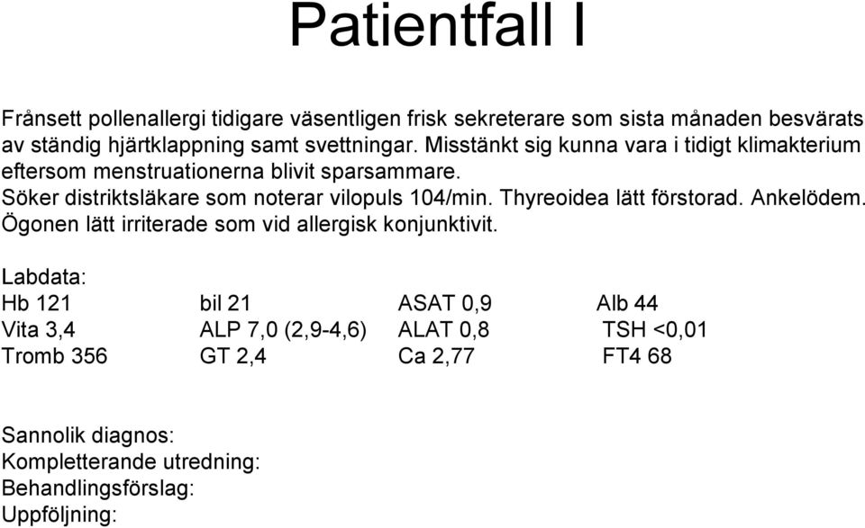 Söker distriktsläkare som noterar vilopuls 104/min. Thyreoidea lätt förstorad. Ankelödem.