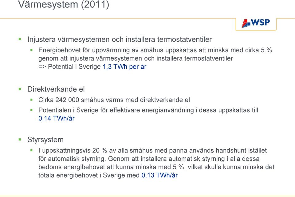 för effektivare energianvändning i dessa uppskattas till 0,14 TWh/år Styrsystem I uppskattningsvis 20 % av alla småhus med panna används handshunt istället för automatisk