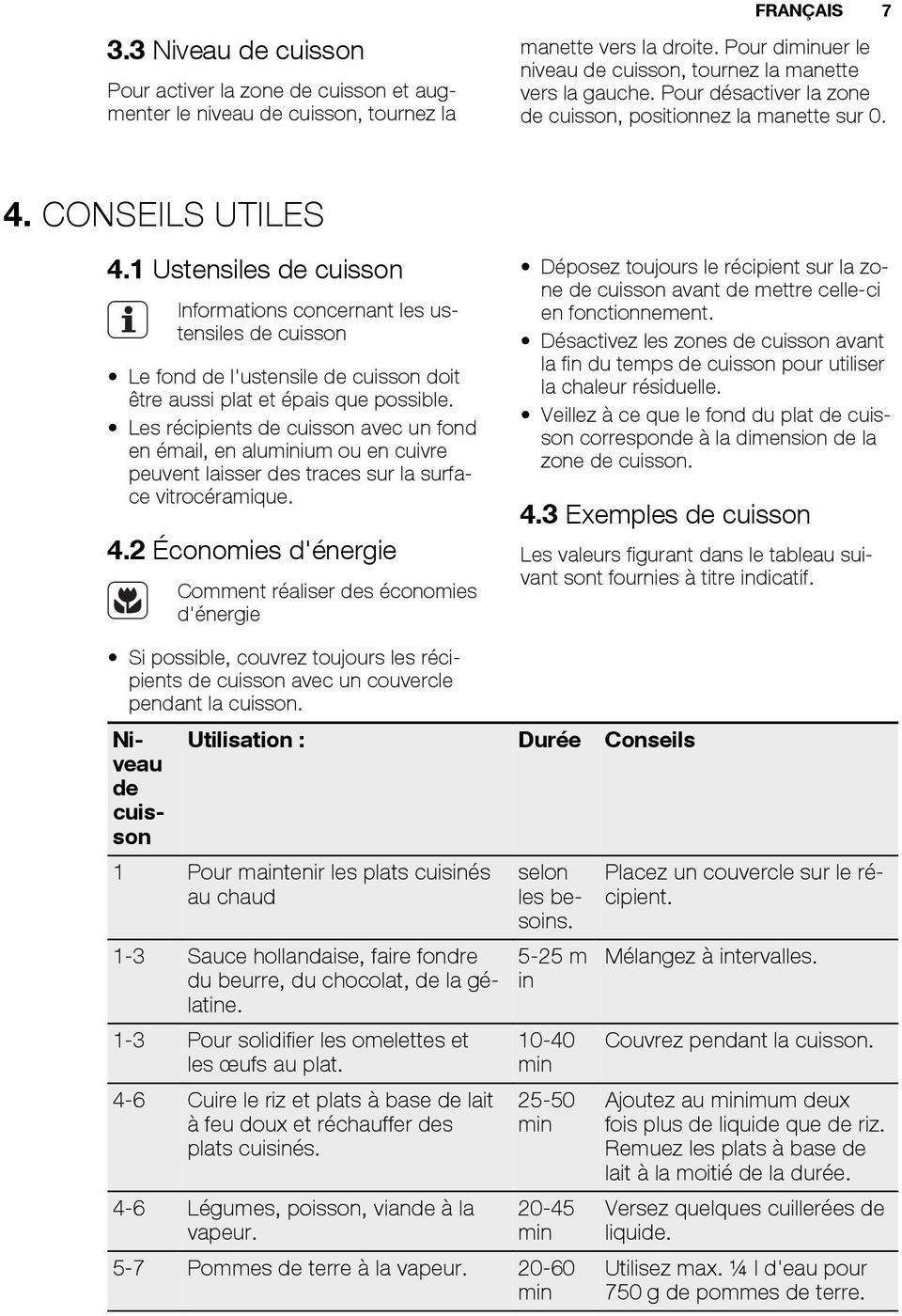 1 Ustensiles de cuisson Informations concernant les ustensiles de cuisson Le fond de l'ustensile de cuisson doit être aussi plat et épais que possible.