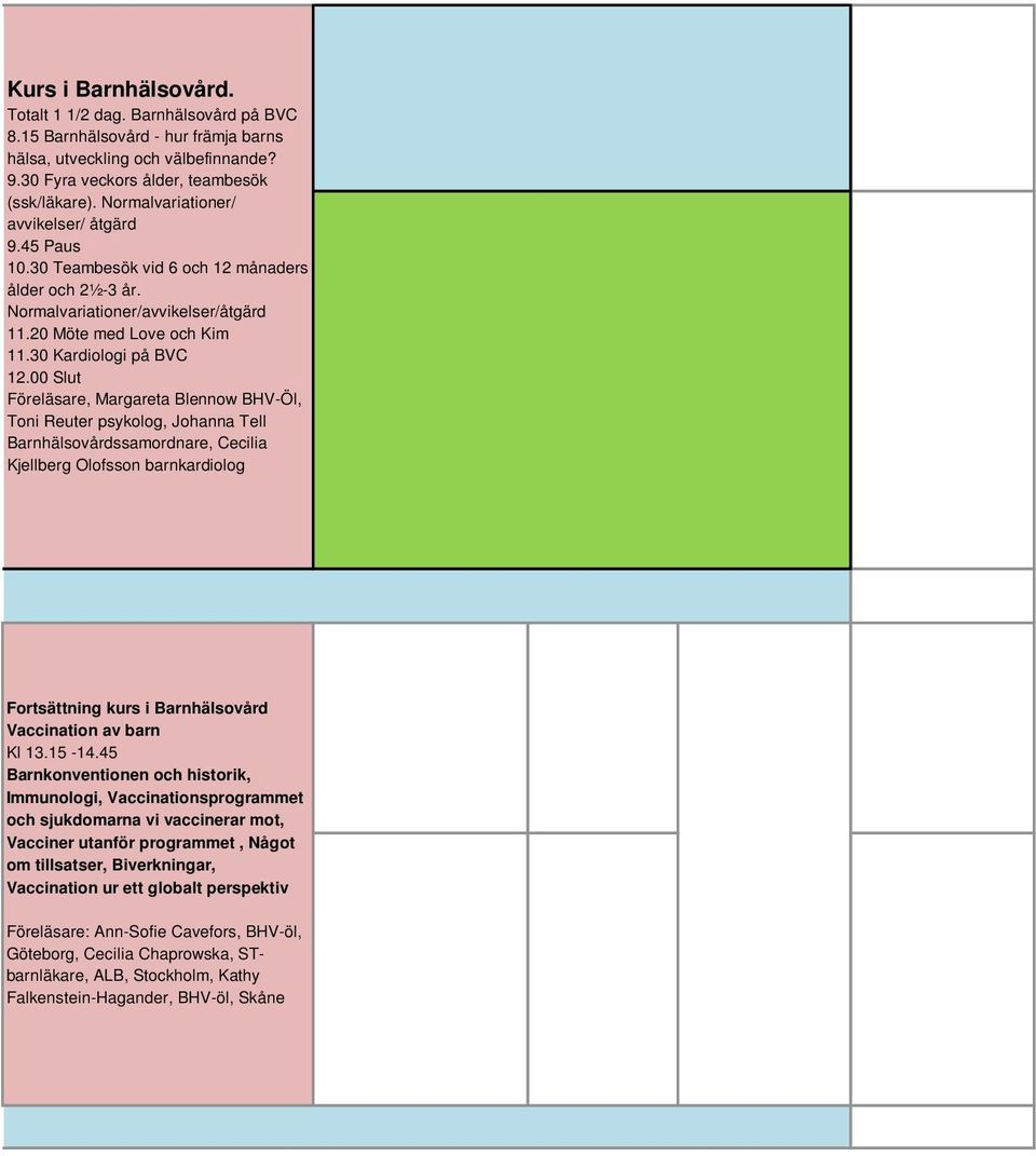 00 Slut Föreläsare, Margareta Blennow BHV-Öl, Toni Reuter psykolog, Johanna Tell Barnhälsovårdssamordnare, Cecilia Kjellberg Olofsson barnkardiolog Fortsättning kurs i Barnhälsovård Vaccination av