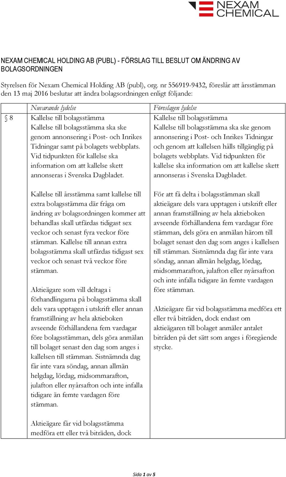 annonsering i Post- och Inrikes Tidningar samt på bolagets webbplats. Vid tidpunkten för kallelse ska information om att kallelse skett annonseras i Svenska Dagbladet.