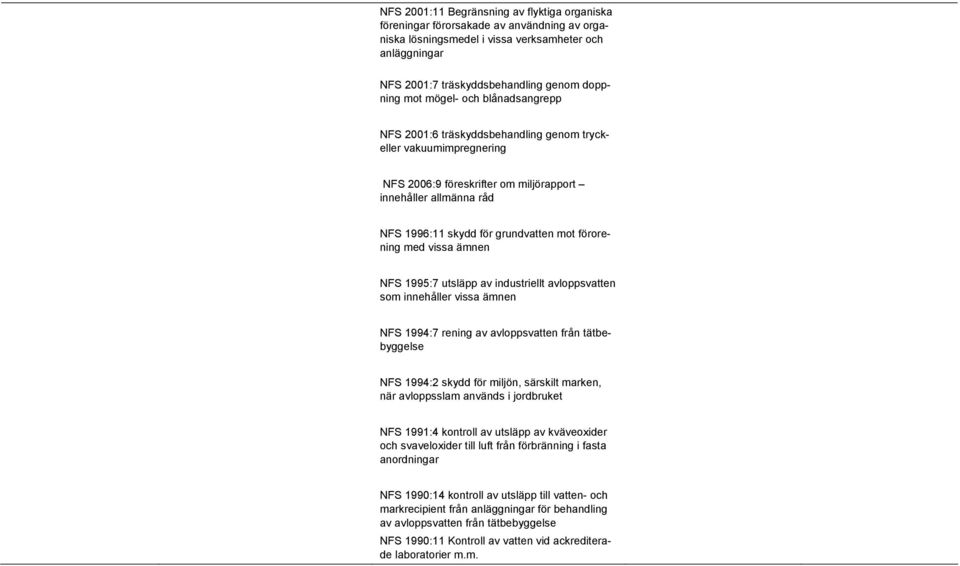 förorening med vissa ämnen NFS 1995:7 utsläpp av industriellt avloppsvatten som innehåller vissa ämnen NFS 1994:7 rening av avloppsvatten från tätbebyggelse NFS 1994:2 skydd för miljön, särskilt