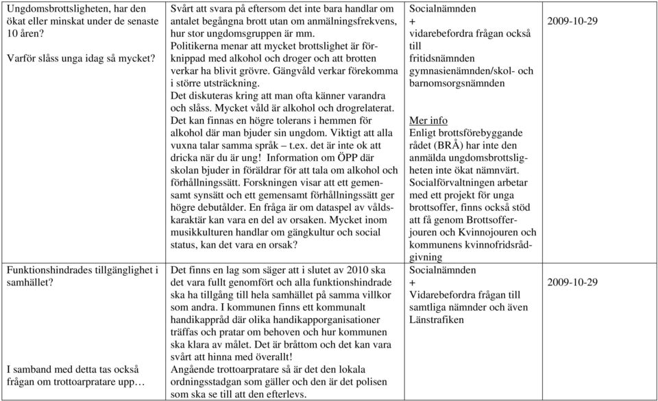 Politikerna menar att mycket brottslighet är förknippad med alkohol och droger och att brotten verkar ha blivit grövre. Gängvåld verkar förekomma i större utsträckning.