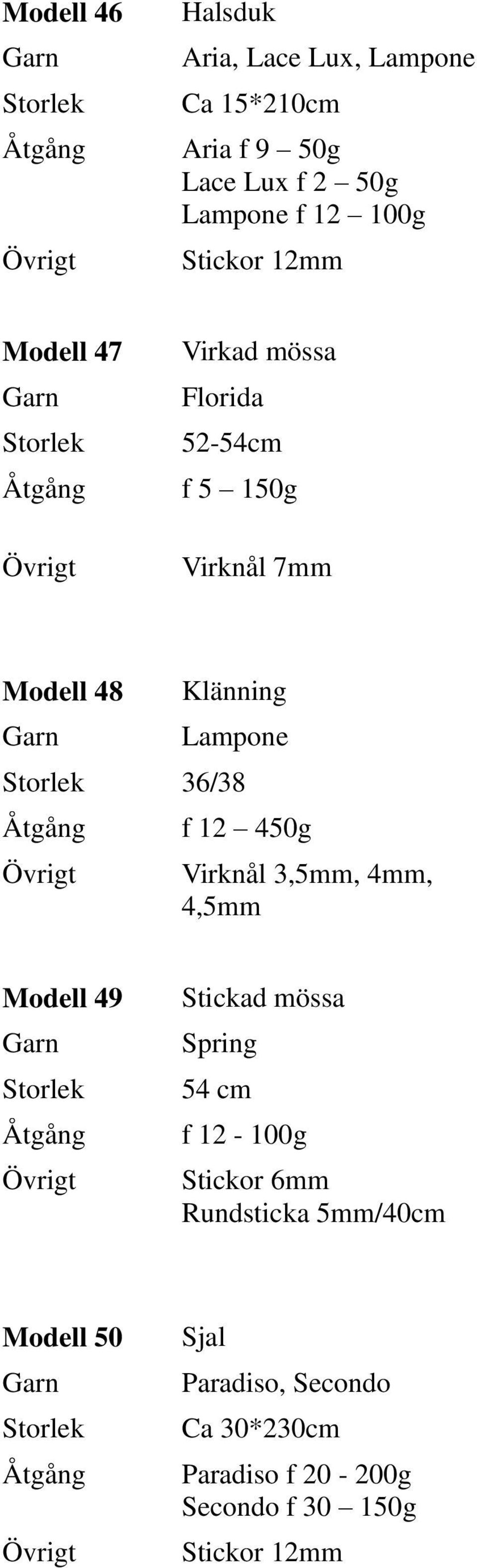 36/38 f 12 450g Virknål 3,5mm, 4mm, 4,5mm Modell 49 Stickad mössa Spring 54 cm f 12-100g Stickor 6mm