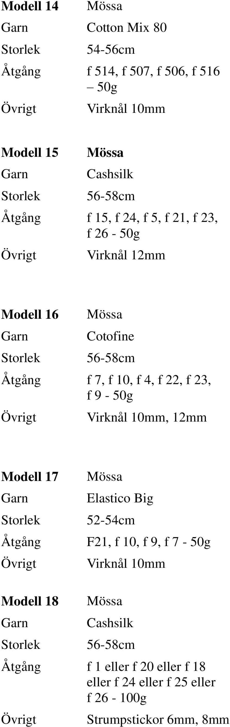 9-50g Virknål 10mm, 12mm Modell 17 Elastico Big 52-54cm F21, f 10, f 9, f 7-50g Virknål 10mm