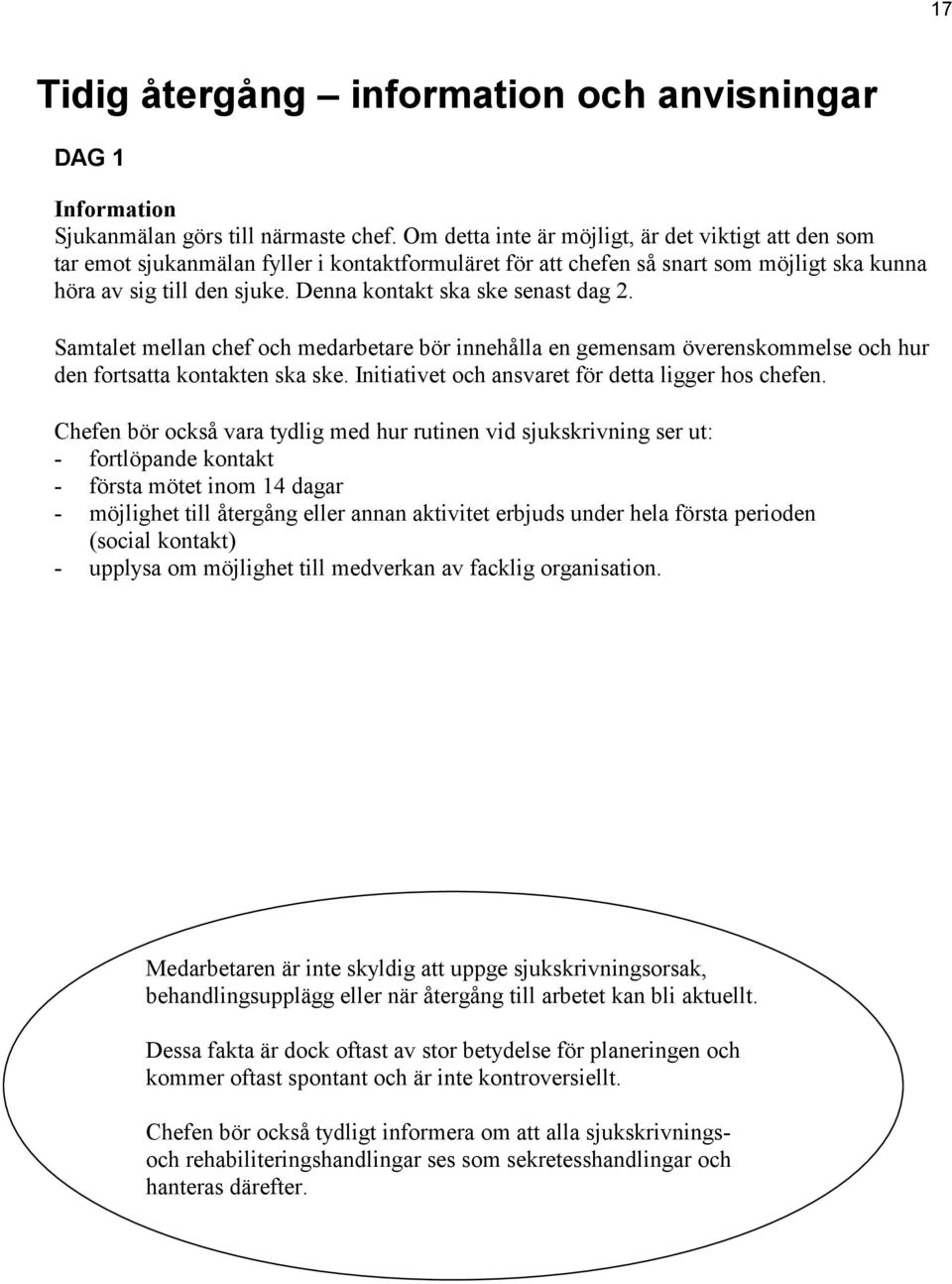 Denna kontakt ska ske senast dag 2. Samtalet mellan chef och medarbetare bör innehålla en gemensam överenskommelse och hur den fortsatta kontakten ska ske.
