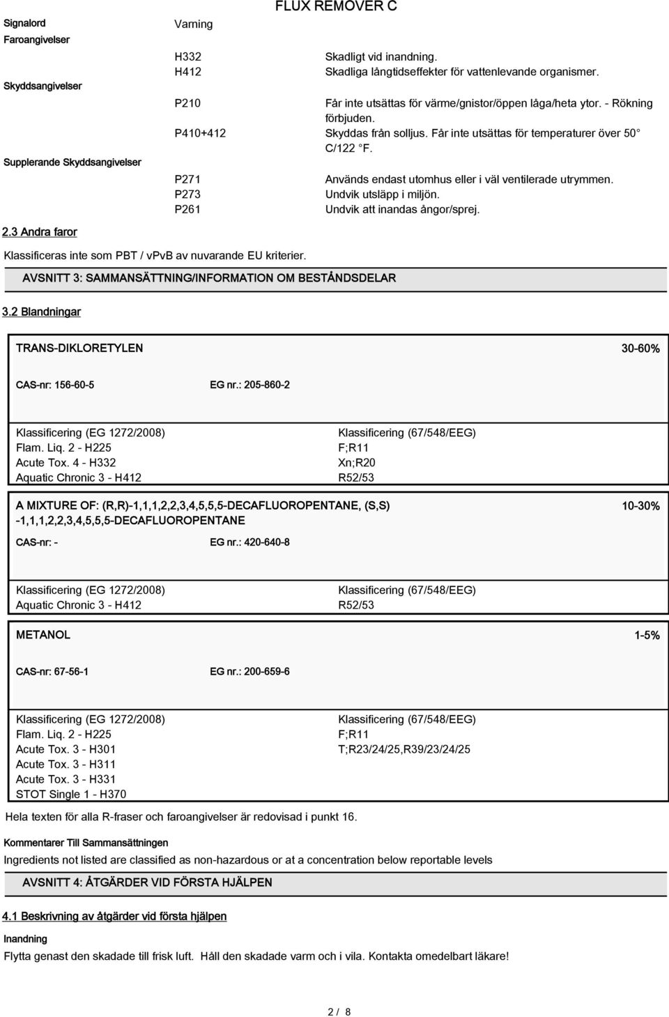 P271 P273 P261 Används endast utomhus eller i väl ventilerade utrymmen. Undvik utsläpp i miljön. Undvik att inandas ångor/sprej. 2.