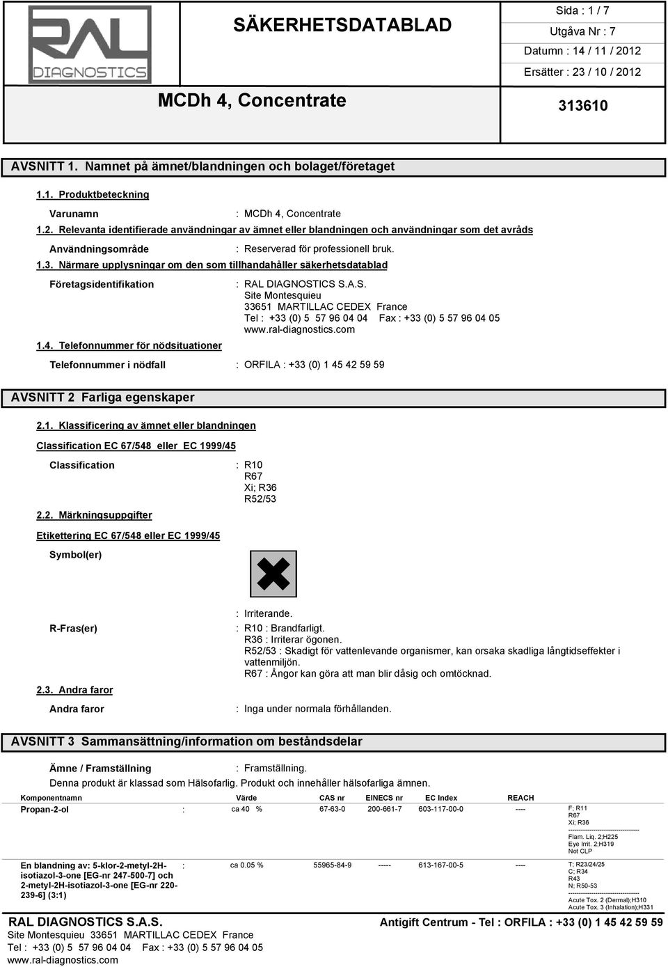 Närmare upplysningar om den som tillhandahåller säkerhetsdatablad Företagsidentifikation 1.4. Telefonnummer för nödsituationer : RAL DIAGNOST