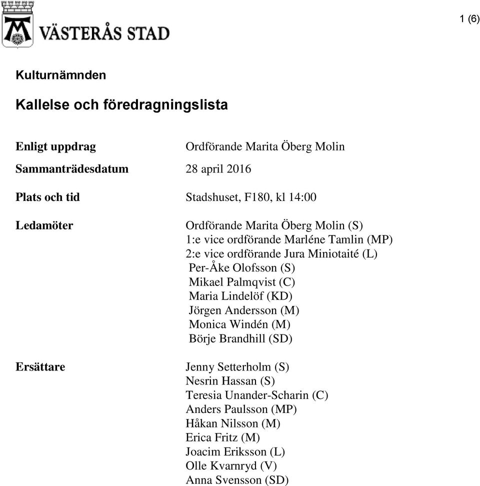 Miniotaité (L) Per-Åke Olofsson (S) Mikael Palmqvist (C) Maria Lindelöf (KD) Jörgen Andersson (M) Monica Windén (M) Börje Brandhill (SD) Jenny