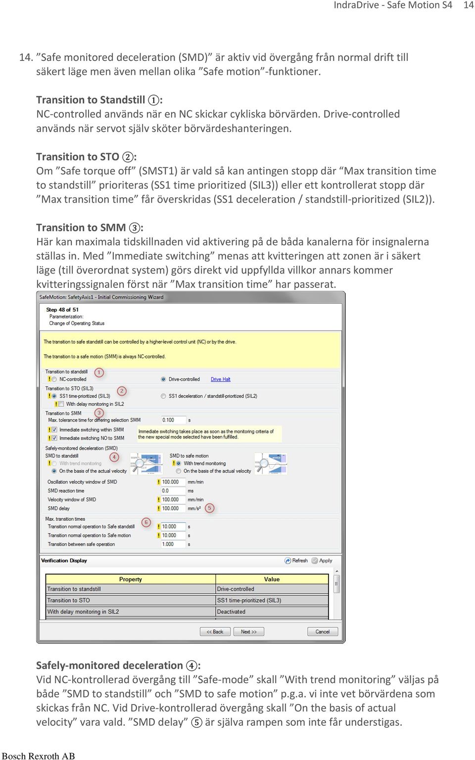 Transition to STO 2: Om Safe torque off (SMST1) är vald så kan antingen stopp där Max transition time to standstill prioriteras (SS1 time prioritized (SIL3)) eller ett kontrollerat stopp där Max