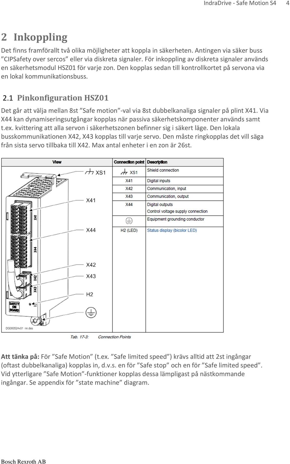 1 Pinkonfiguration HSZ01 Det går att välja mellan 8st Safe motion -val via 8st dubbelkanaliga signaler på plint X41.