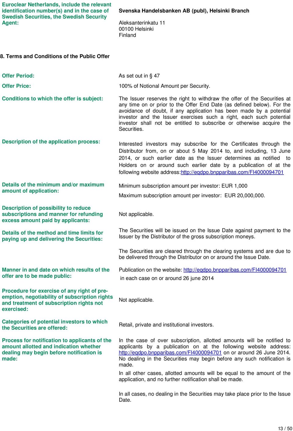 Terms and Conditions of the Public Offer Offer Period: As set out in 47 Offer Price: Conditions to which the offer is subject: Description of the application process: Details of the minimum and/or